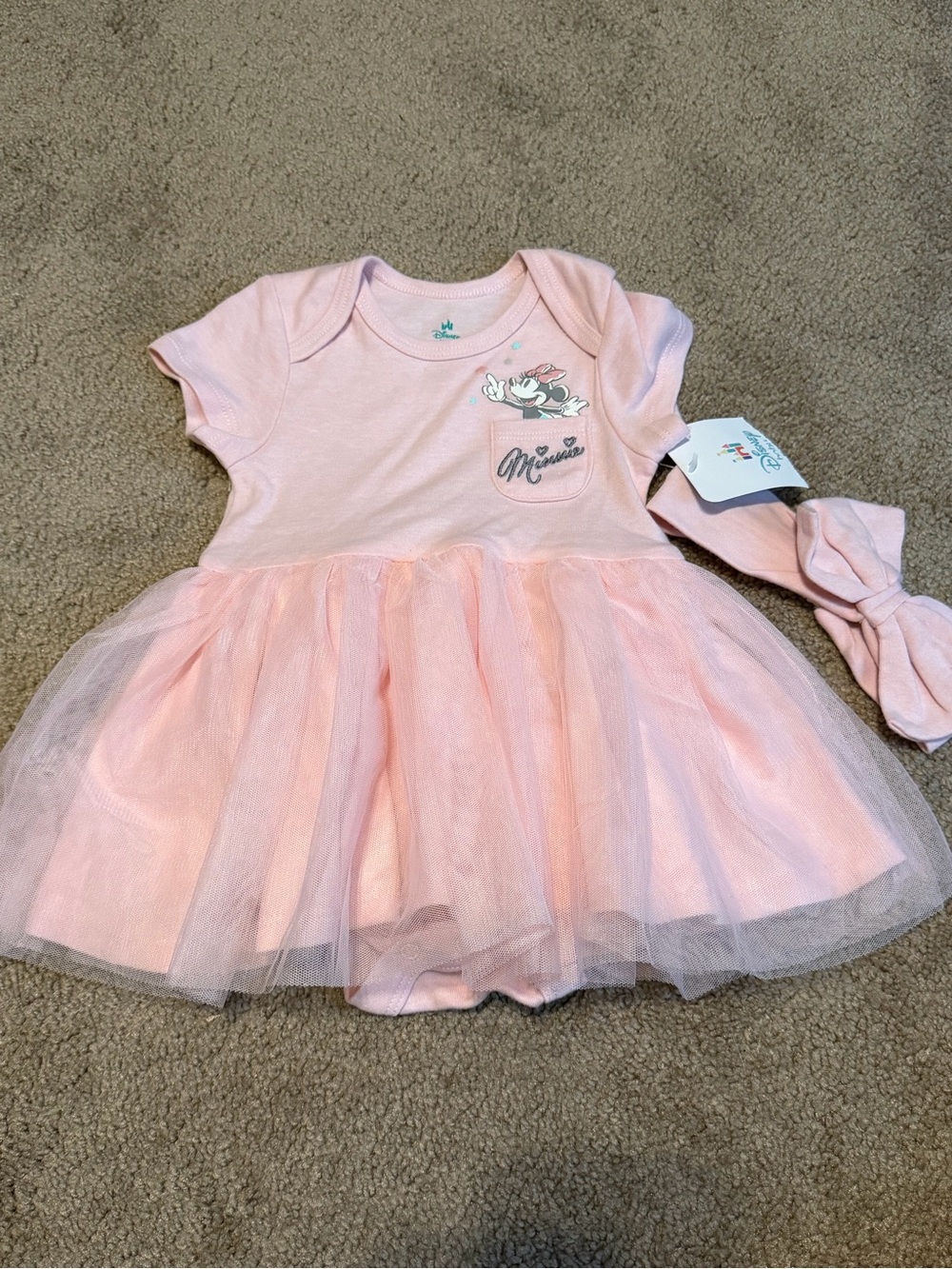 Disney Baby Pink Minnie Mouse Tulle Skirt Dress w/ Bow Headband 3-6M girls